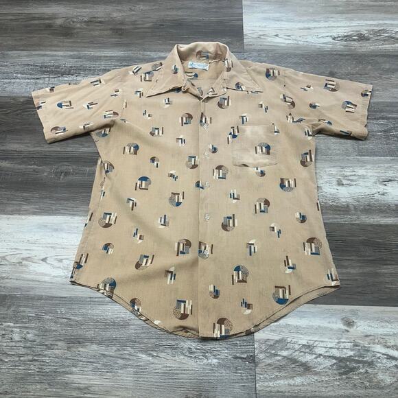 Vintage 70s K-Mart Permanent Press Geometric AOP Mens L 16 Button Up Shirt USA - Picture 2 of 7